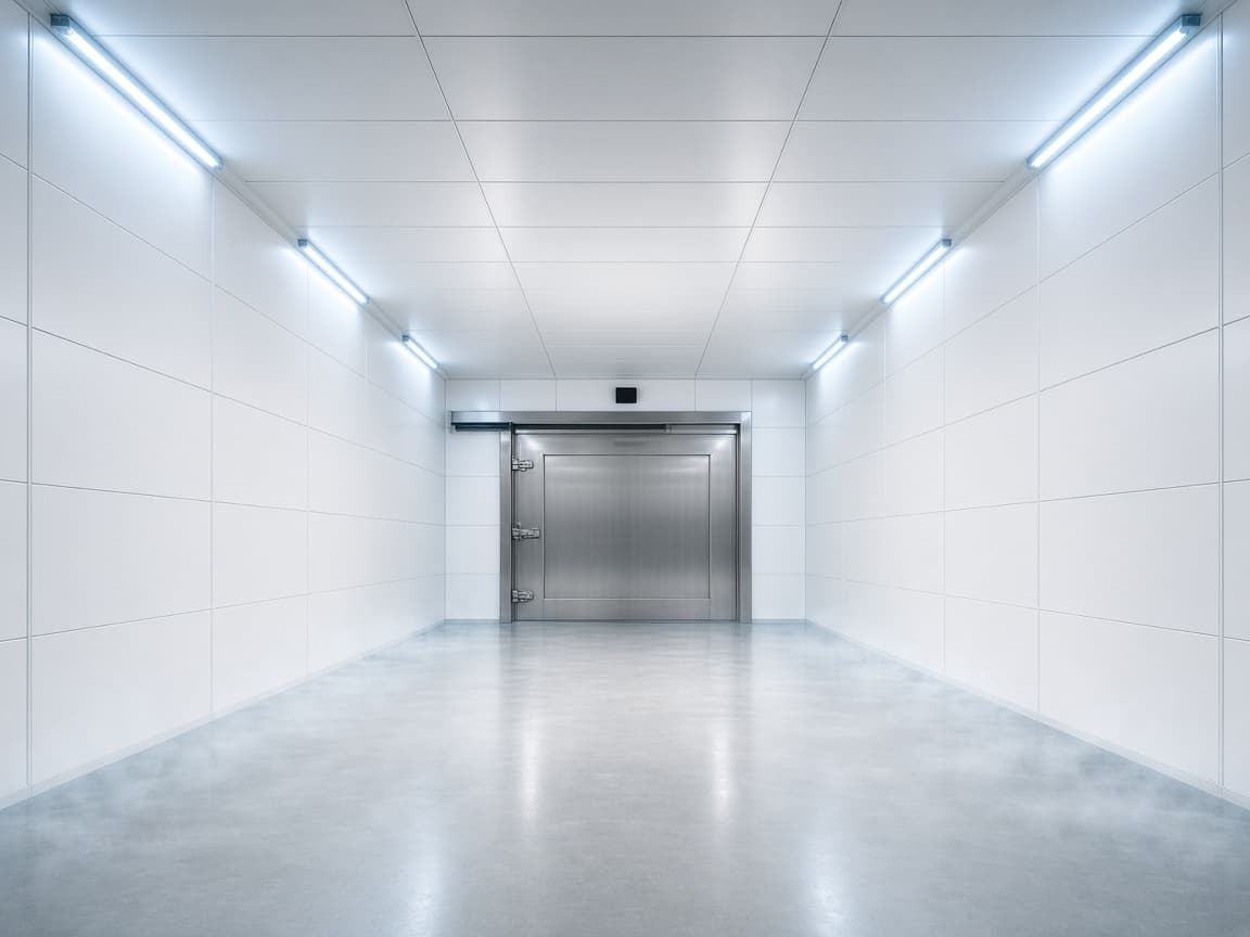 Interior of a white insulated metal panel freezer room with stainless steel door