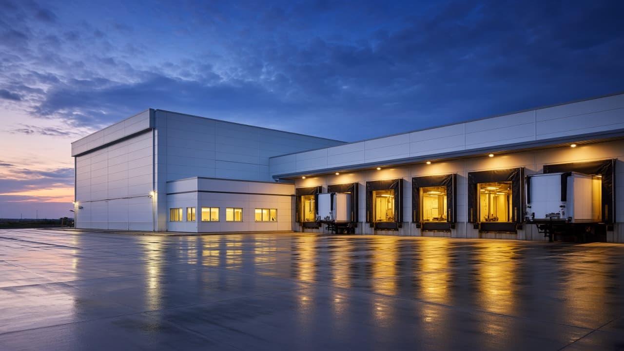 Completed food processing facility with loading docks at dusk