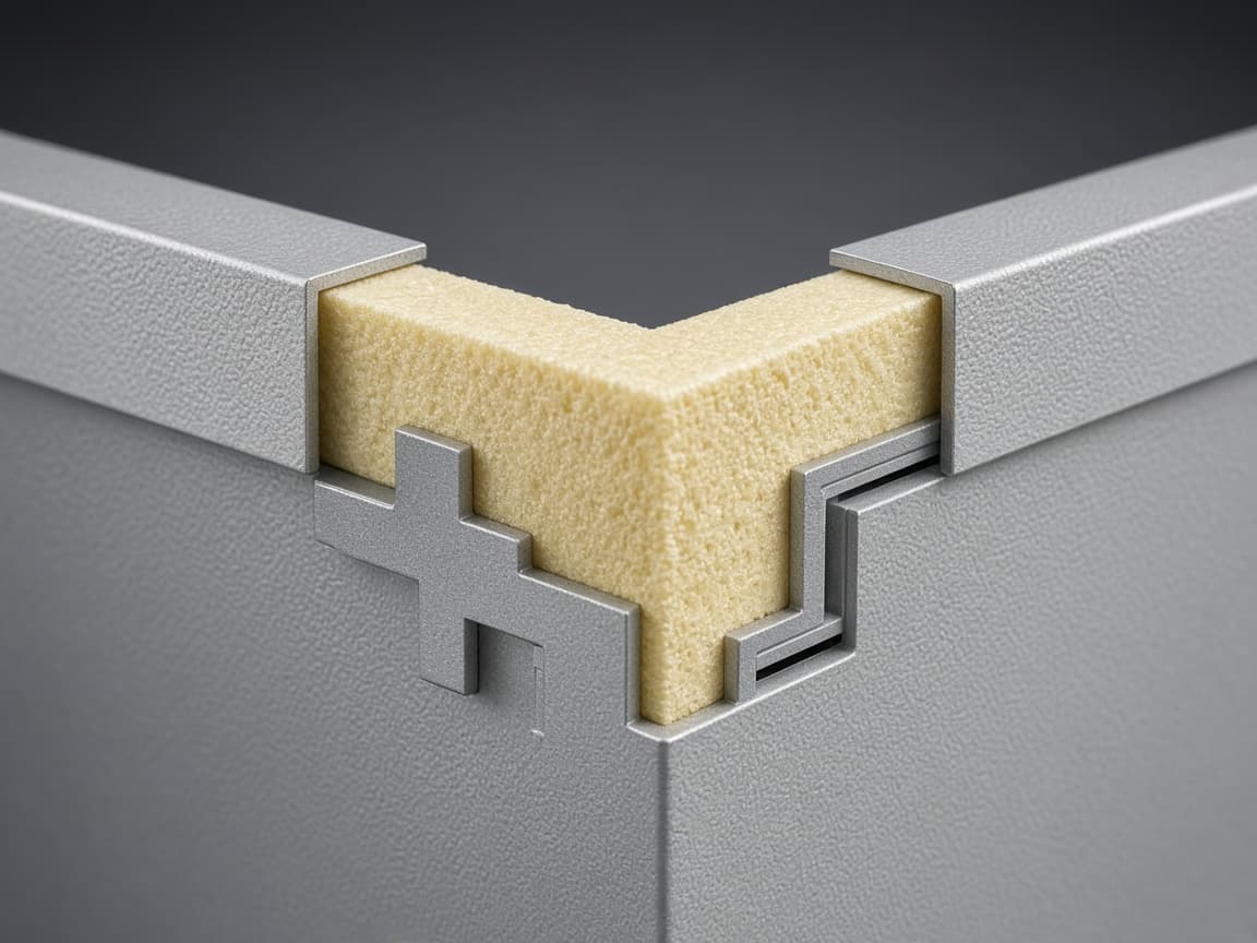 Insulated metal panel cross-section showing steel skins and foam core joint