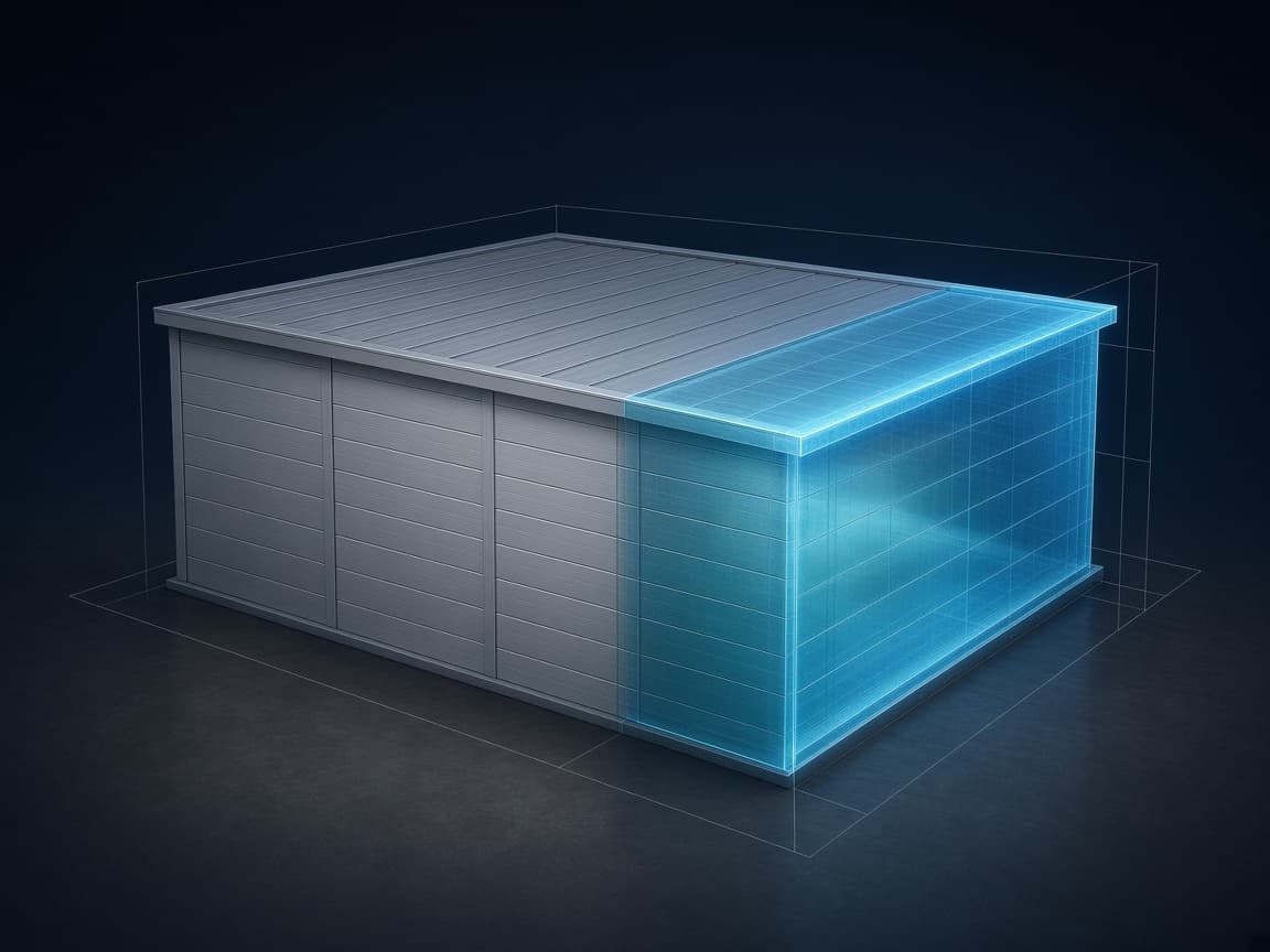 3D rendering of a building thermal envelope with continuous insulation overlay